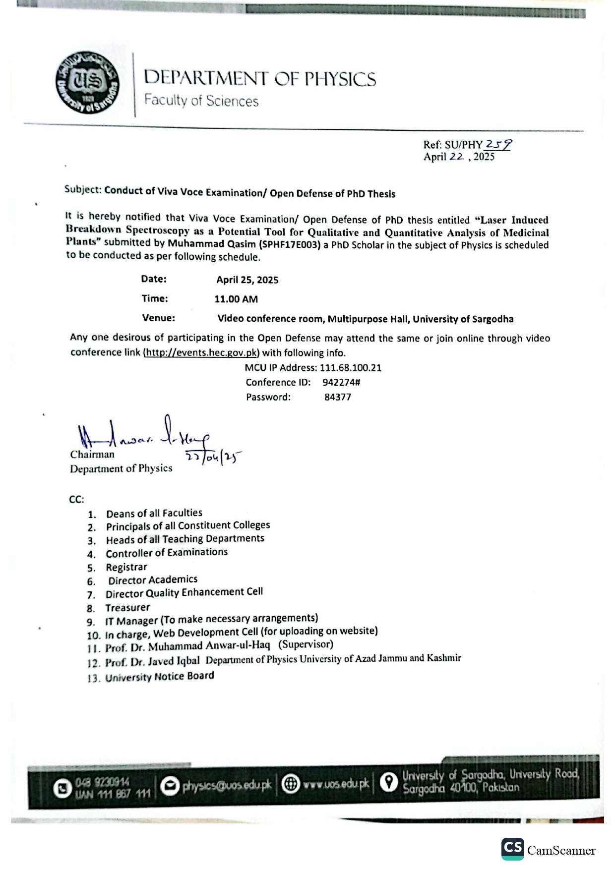 Conduct of Viva Voce Examination/Open Defense of PhD Thesis (Department of Physics)